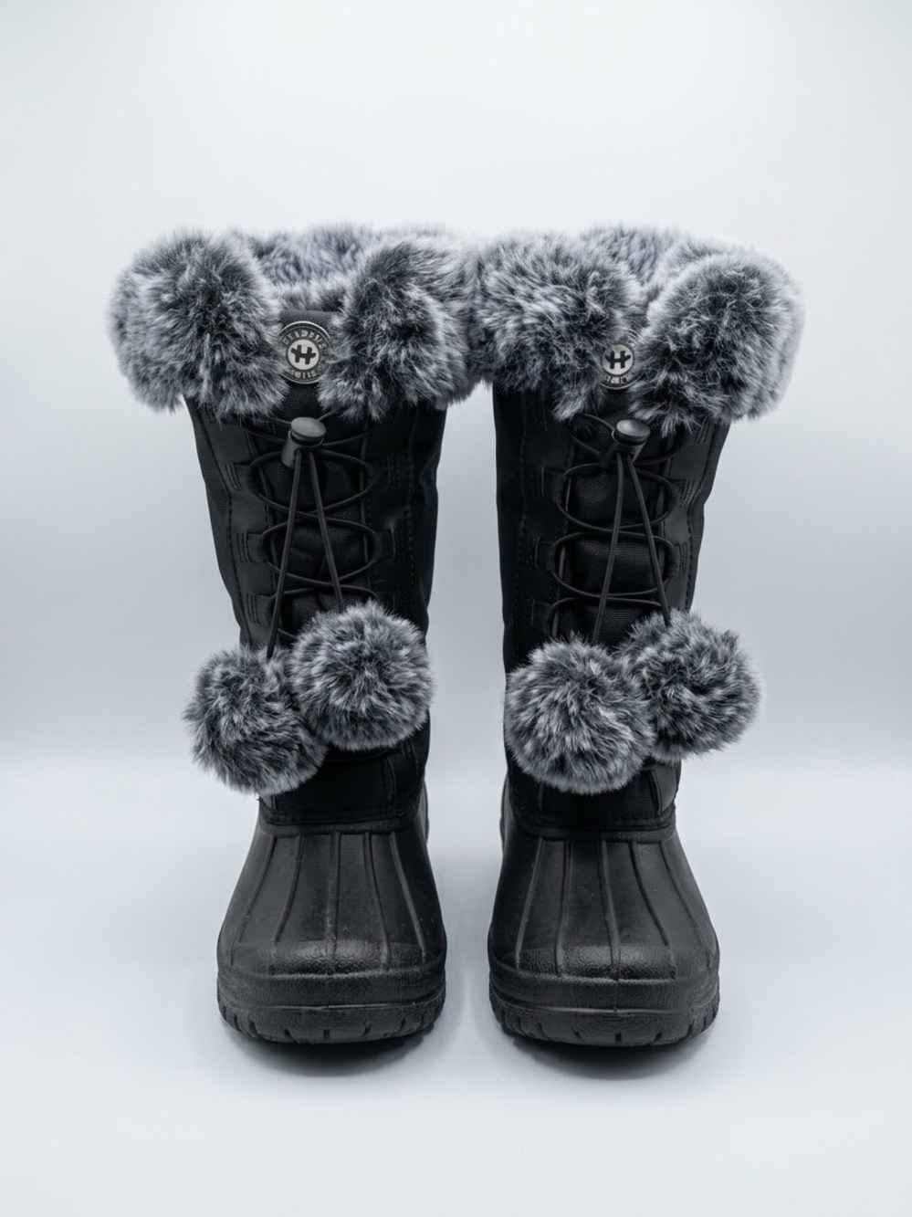 Women's Black Winter Boots with Gray Faux-Fur Trim and Pom Poms